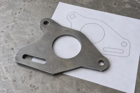 Pieza plana con agujeros y ranura junto a su dibujo de contorno